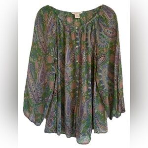 Sundance 100% Silk Paisley Button Boho Peasant Blouse Top Women’s L Gauzy Sheer